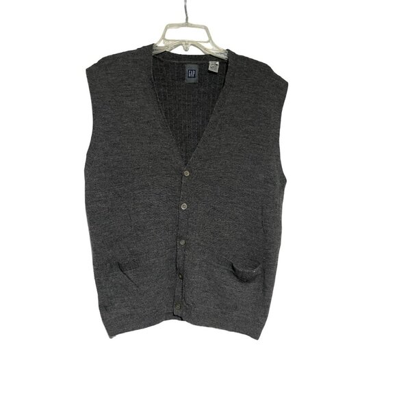 Mens Gray Wool Button-Up Sleeveless Cardigan Vest with Pockets - Picture 2 of 6